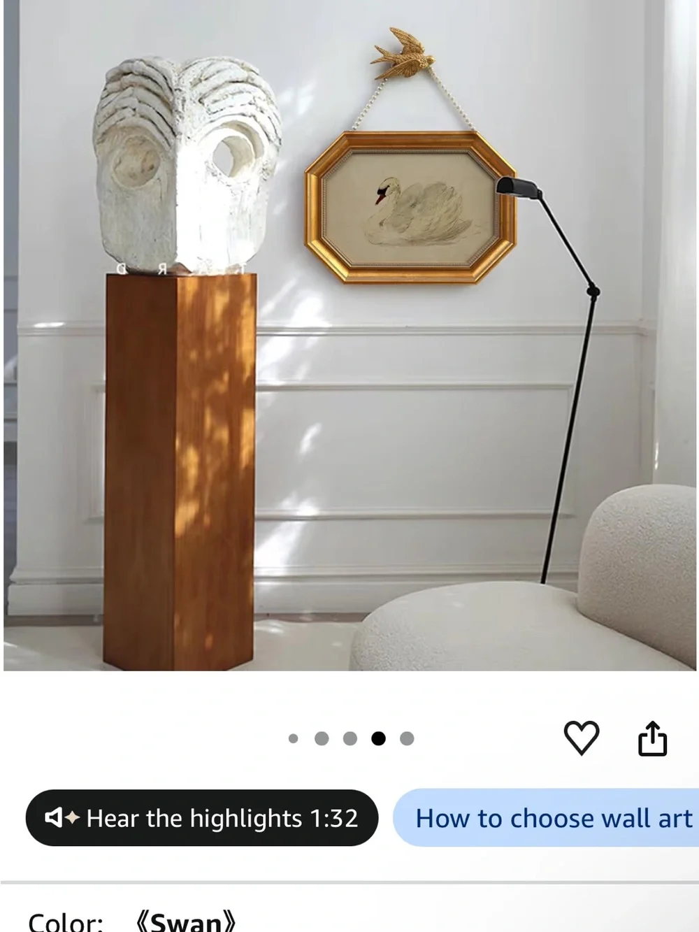 Gold Octagonal Framed Swan Art with Pearl Bead Hanger